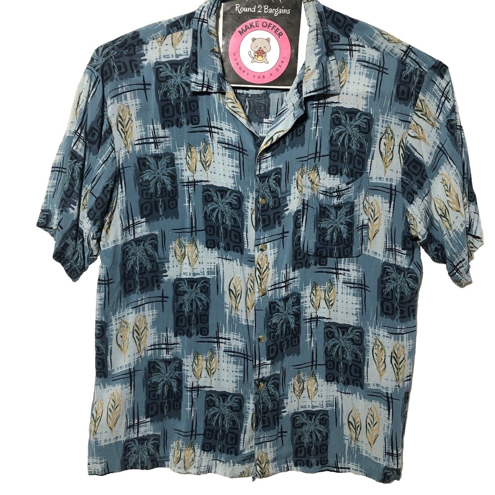 Island Blue Shirt Men 2XL Blu Floral Block Print Rayon Short Sleeve Hawaiian XXL